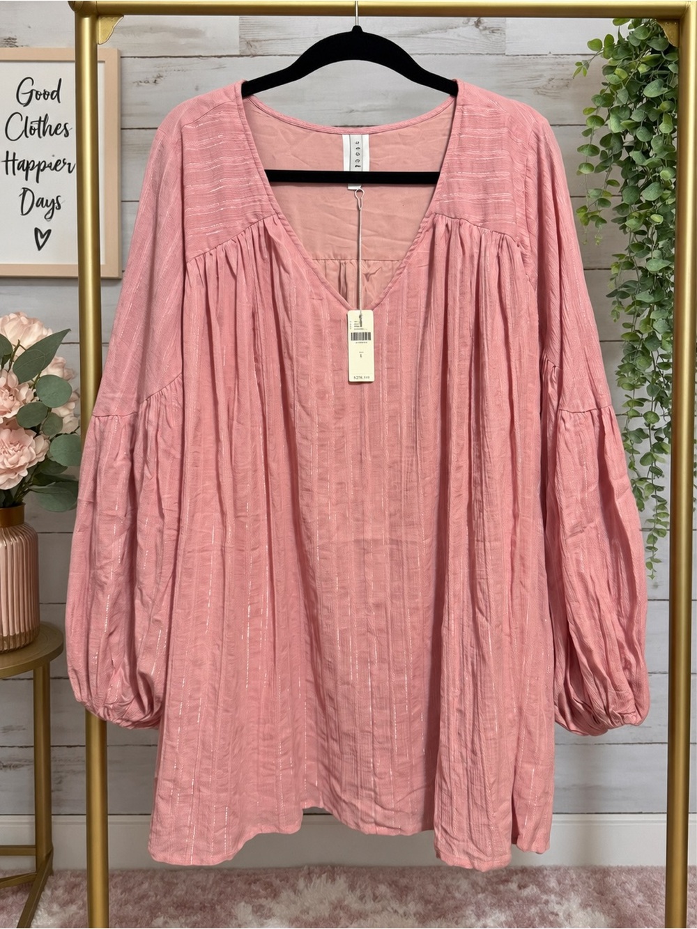 STEELE Anthropologie NWT Blush Pink Metallic Shimmer Boho Blouse L